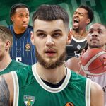 Collage of five male basketball players in green, blue, and white jerseys, with a central close-up face; dynamic sports background.
