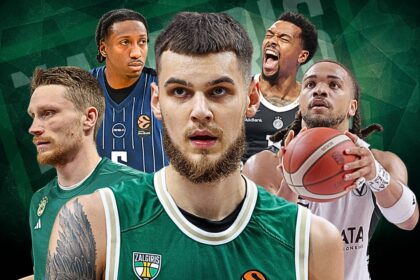Collage of five male basketball players in green, blue, and white jerseys, with a central close-up face; dynamic sports background.