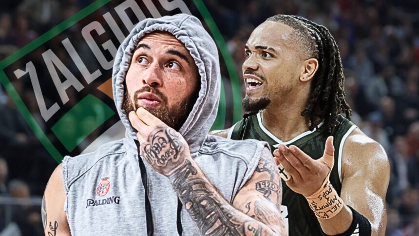 Two basketball players on the court celebrate: one in a gray hoodie looks thoughtful while the other, with braided hair, smiles excitedly nearby.