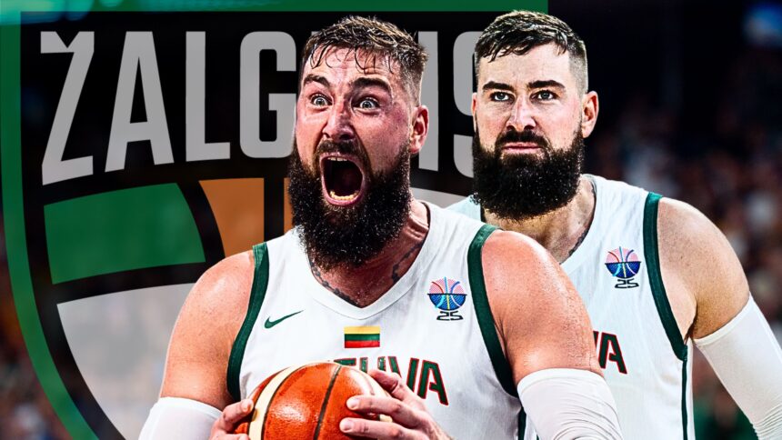 Two bearded basketball players celebrate on the court, one shouting with ball in hand, wearing white uniforms with green trim.