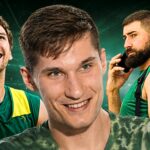 Three male athletes in green team jerseys posing together, smiling against a dark green background.