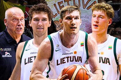 Lithuanian basketball players in white jerseys with green trim pose together, holding a basketball, with a coach at left and fans in the background.