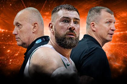 Three men stand back-to-back against an orange, fiery background, facing different directions.