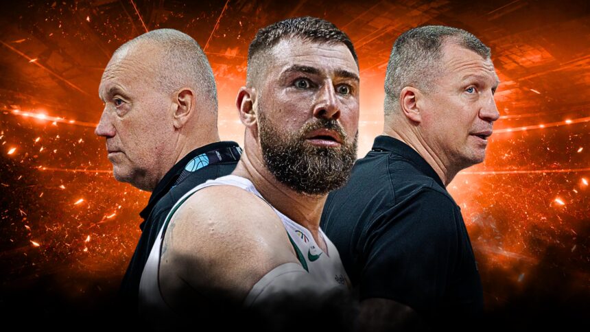 Three men stand back-to-back against an orange, fiery background, facing different directions.