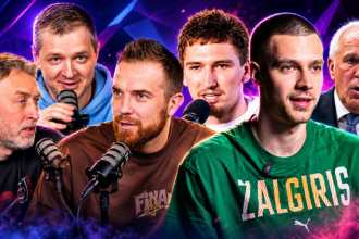 Group of six men in a studio, speaking into microphones during a podcast or panel discussion with a purple neon background.