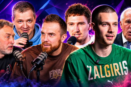 Group of six men in a studio, speaking into microphones during a podcast or panel discussion with a purple neon background.