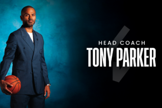 Tony Parker, head coach, stands in a blue suit holding a basketball, with his name in bold on a dark background.