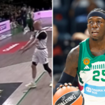 Left panel: a white-uniform player drives toward the basket while a green-jersey defender watches, with a crowd and pink advertising boards in the background.