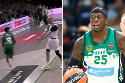 Left panel: a white-uniform player drives toward the basket while a green-jersey defender watches, with a crowd and pink advertising boards in the background.