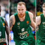 Three Zalgiris basketball players in green jerseys in action on the court: left shouting, center dribbling with a red beard, right focused.