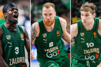 Three Zalgiris basketball players in green jerseys in action on the court: left shouting, center dribbling with a red beard, right focused.