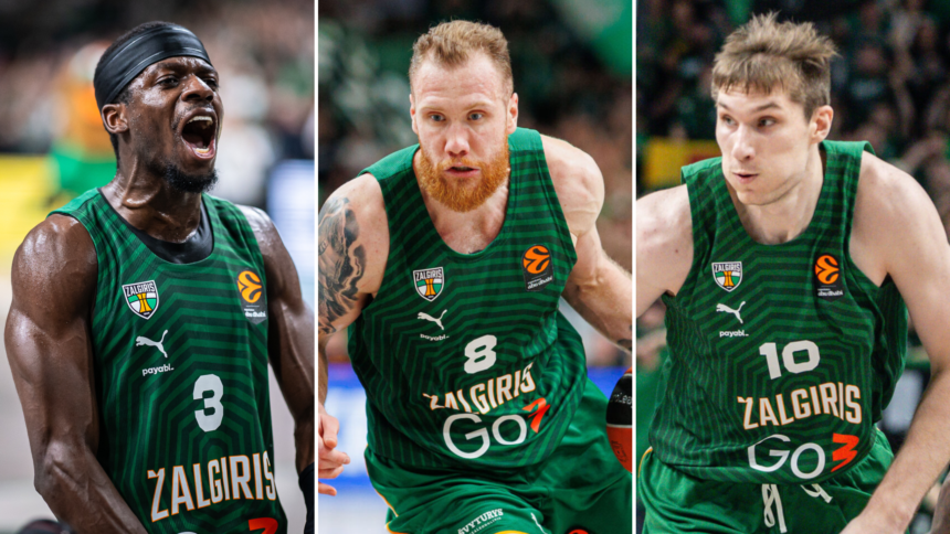 Three Zalgiris basketball players in green jerseys in action on the court: left shouting, center dribbling with a red beard, right focused.