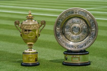 Two ornate gold trophies—a tall cup on the left and a large intricately engraved plate on the right—sit on a green grass sports field.