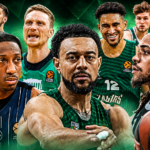 Collage of six basketball players in action-ready poses against a green abstract background, Euroleague logos visible.