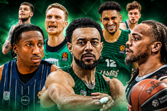 Collage of six basketball players in action-ready poses against a green abstract background, Euroleague logos visible.