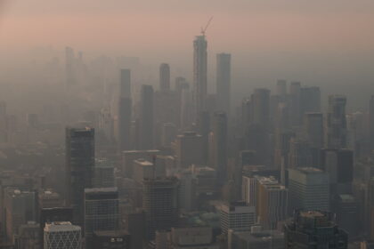 City skyline shrouded in haze with a tall skyscraper under construction and crane on top.