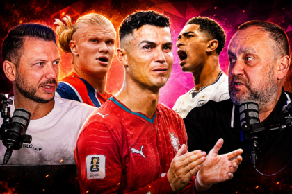 Collage of five footballers and two hosts around microphones, discussing on a sports podcast or show about soccer/sportsmanship, with a fiery red background.