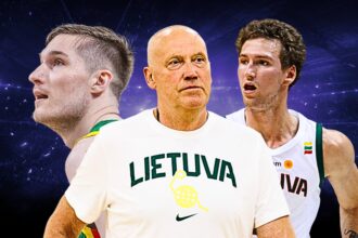 Three Lithuanian basketball players stand against a dark blue, starry background, facing in different directions with 'LIETUVA' on their white jerseys.