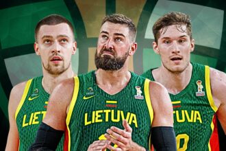 Three Lithuanian basketball players in green jerseys with 'LIETUVA' lettering, posing together against a geometric green background.