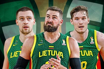 Three Lithuanian basketball players in green jerseys with 'LIETUVA' lettering, posing together against a geometric green background.