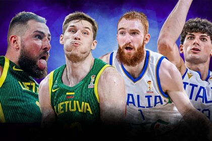 Four basketball players shoulder-to-shoulder: two in green Lithuania jerseys and two in white Italy jerseys, raising arms against a purple background, mid-game action.
