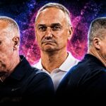 Three men in dark jerseys stand back-to-back with serious expressions against a blue-pink abstract background; central figure prominent.