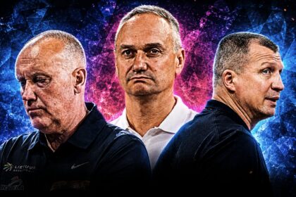 Three men in dark jerseys stand back-to-back with serious expressions against a blue-pink abstract background; central figure prominent.