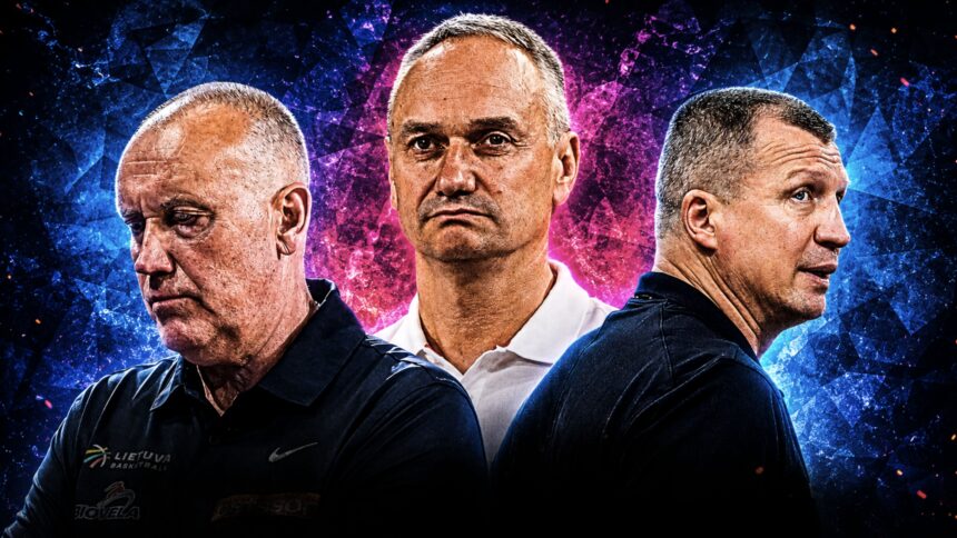 Three men in dark jerseys stand back-to-back with serious expressions against a blue-pink abstract background; central figure prominent.