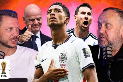 Collage of soccer players and commentators celebrating in a studio with a vibrant orange-pink background and a FIFA World Cup logo in the corner