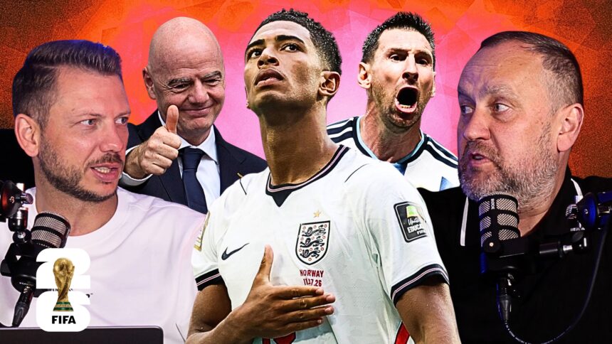 Collage of soccer players and commentators celebrating in a studio with a vibrant orange-pink background and a FIFA World Cup logo in the corner