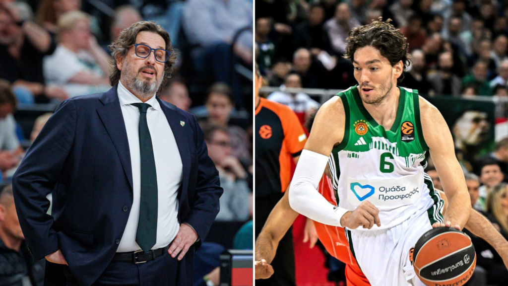 Left: a basketball coach in a navy suit and glasses, speaking or watching intently; right: a basketball player in a green uniform dribbling during a game with a crowded arena in the background.