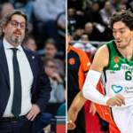 Left: a basketball coach in a navy suit and glasses, speaking or watching intently; right: a basketball player in a green uniform dribbling during a game with a crowded arena in the background.