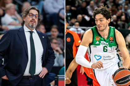 Left: a basketball coach in a navy suit and glasses, speaking or watching intently; right: a basketball player in a green uniform dribbling during a game with a crowded arena in the background.