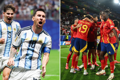 Split-screen football celebration: Argentina players in light-blue stripes on the left, Spain teammates in red celebrating on the right on a green pitch.