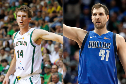 Matas Buzelis ir Dirkas Nowitzkis (BNS Foto/Scanpix nuotr.)