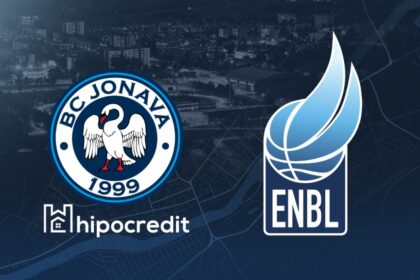 Composite image showing the BC Jonava 1999 crest, Hipocredit logo, and ENBL basketball logo on a dark blue map backdrop.